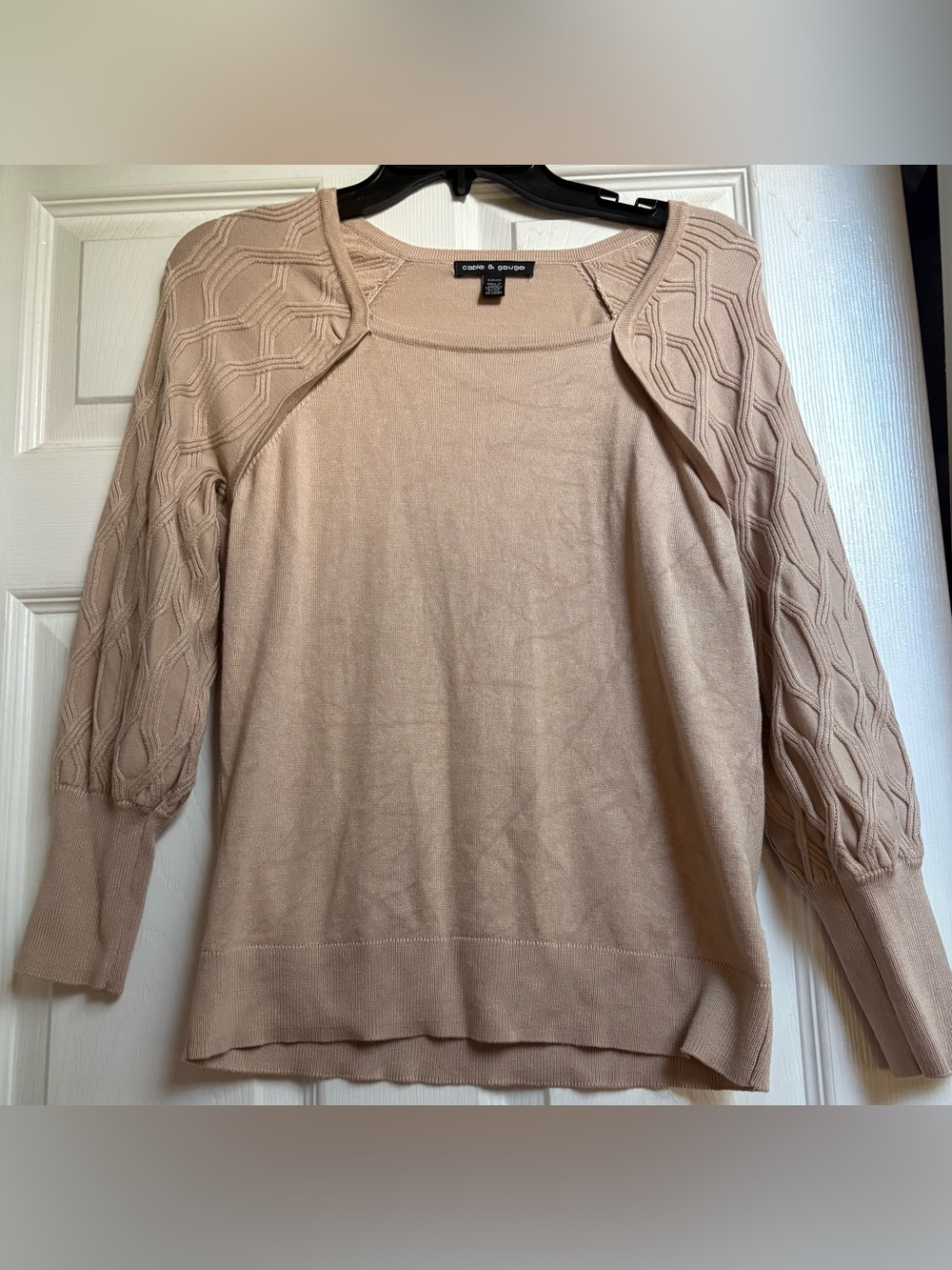 Beige Scoop Neck Sweater with Cable Detail